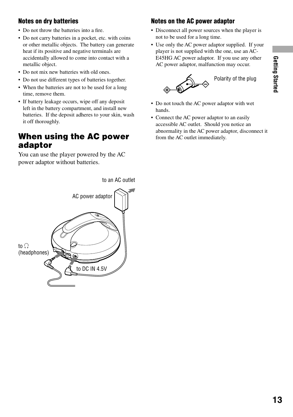 When using the ac power adaptor | Sony D-NS505 User Manual | Page 13 / 28