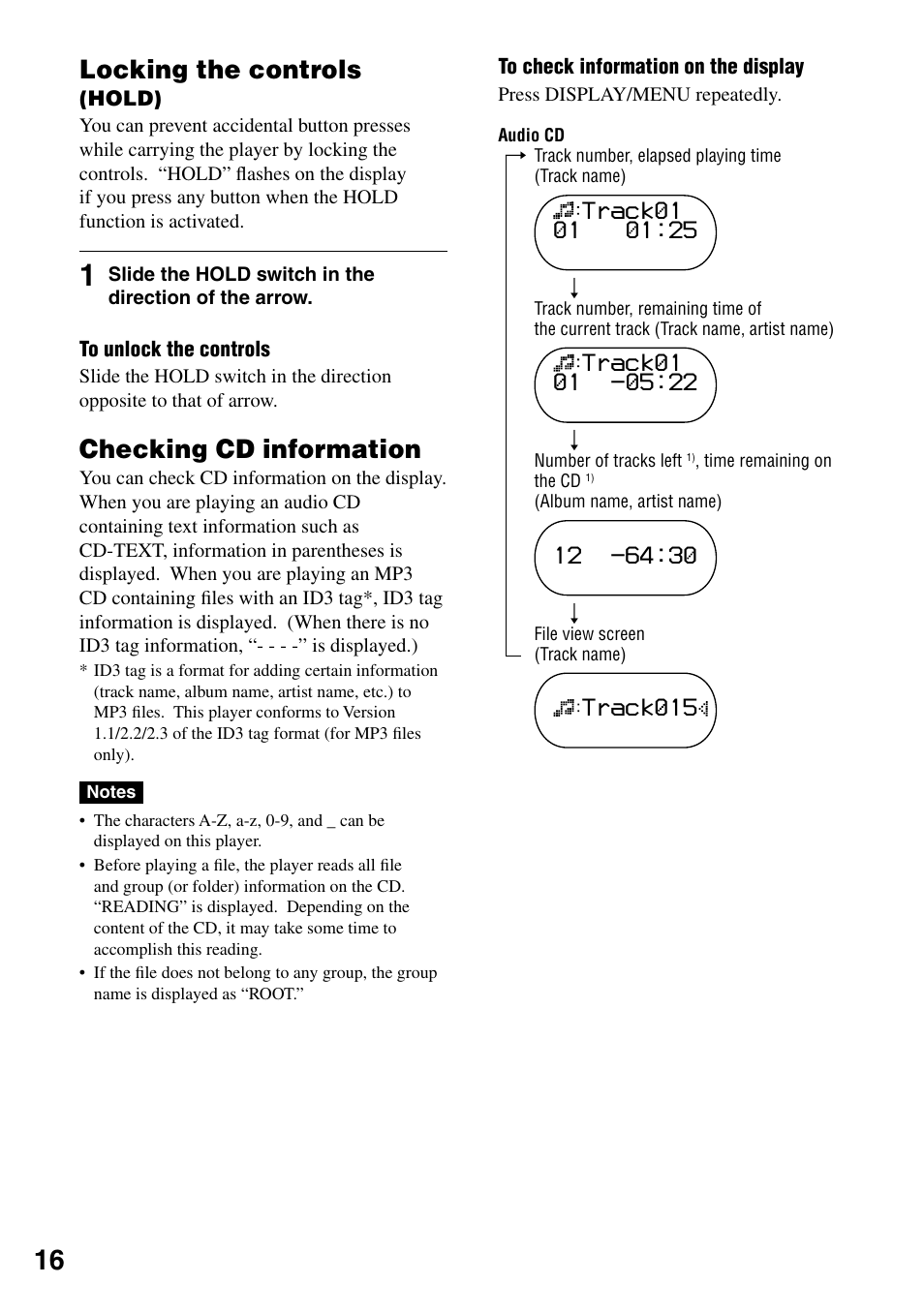 Locking the controls (hold), Checking cd information, 16 checking cd information | Locking the controls, Track015 | Sony D-NS505 User Manual | Page 16 / 28