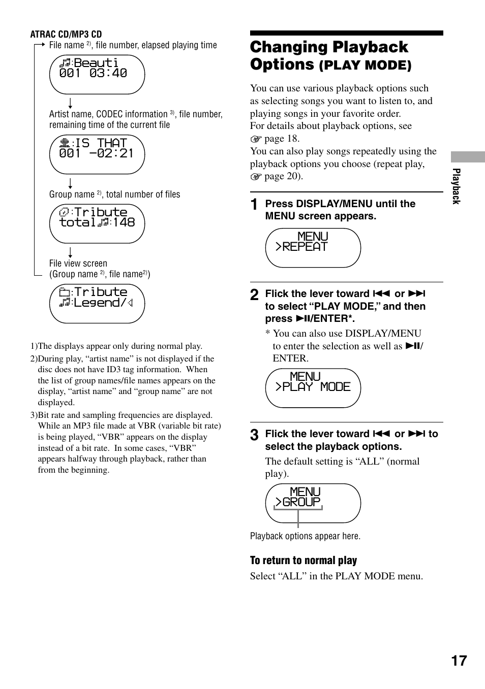 Changing playback options (play mode), Changing playback options, Play mode) | Tribute total 148, Tribute legend, Menu >repeat, Menu >play mode, Menu >group | Sony D-NS505 User Manual | Page 17 / 28