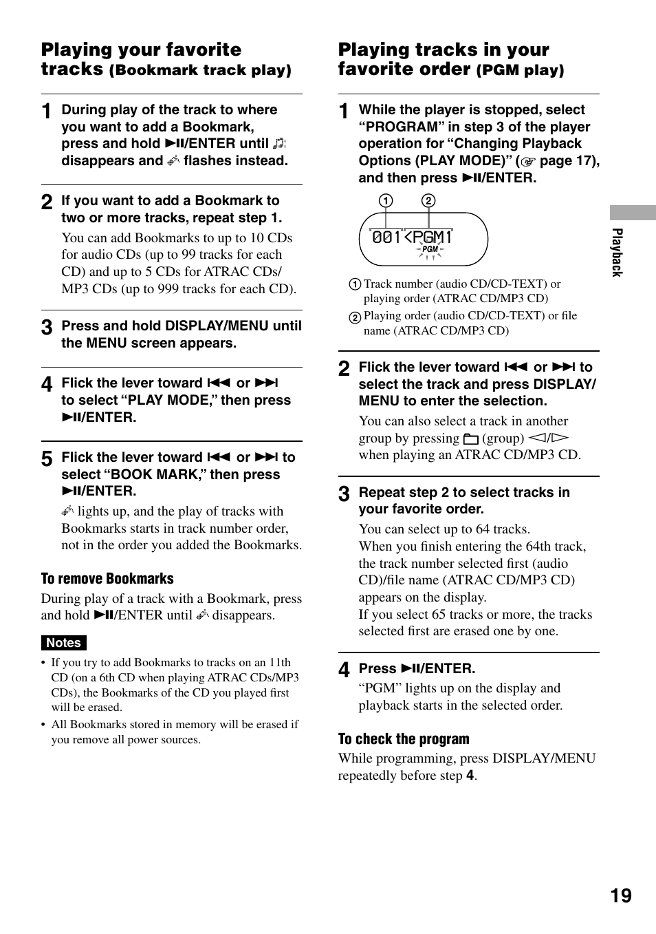 Playing your favorite tracks (bookmark track play), Playing tracks in your favorite order (pgm play), Playing your favorite tracks (bookmark | Track play), Playing tracks in your favorite order, Pgm play), Playing your favorite tracks | Sony D-NS505 User Manual | Page 19 / 28