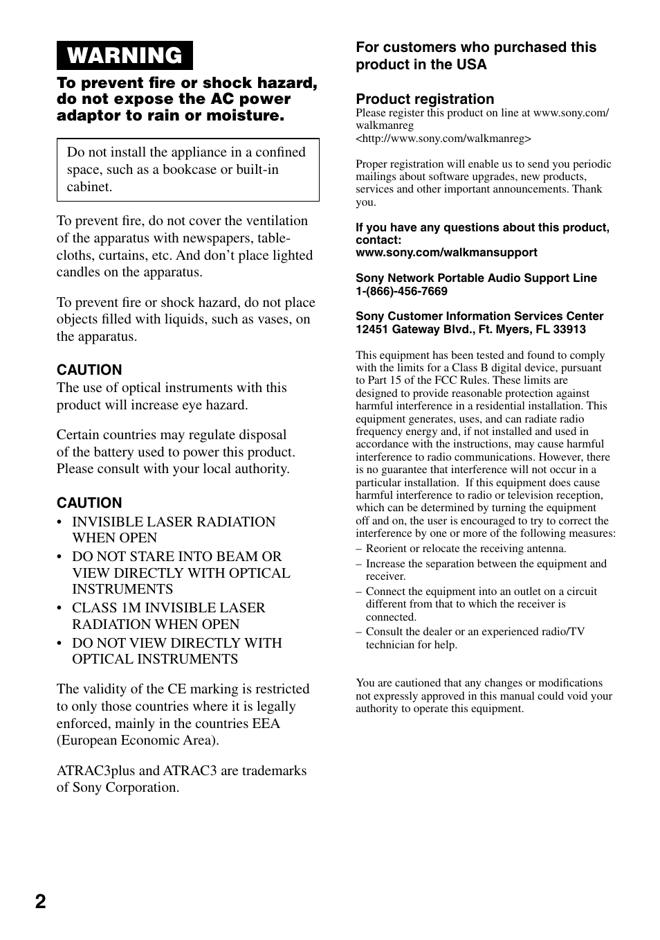 Warning | Sony D-NS505 User Manual | Page 2 / 28