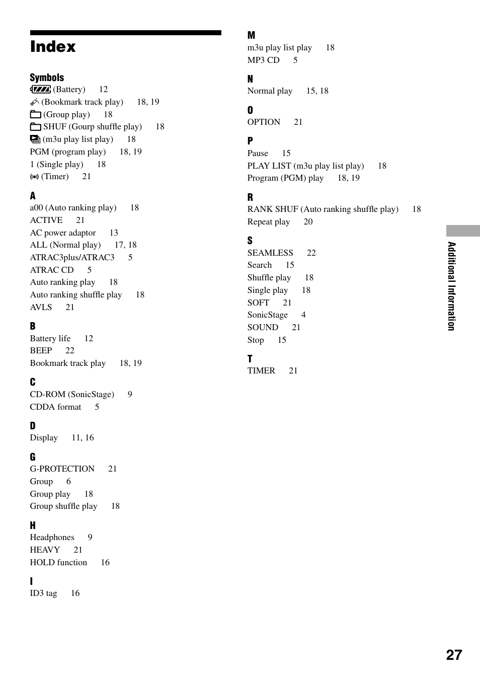 Index | Sony D-NS505 User Manual | Page 27 / 28