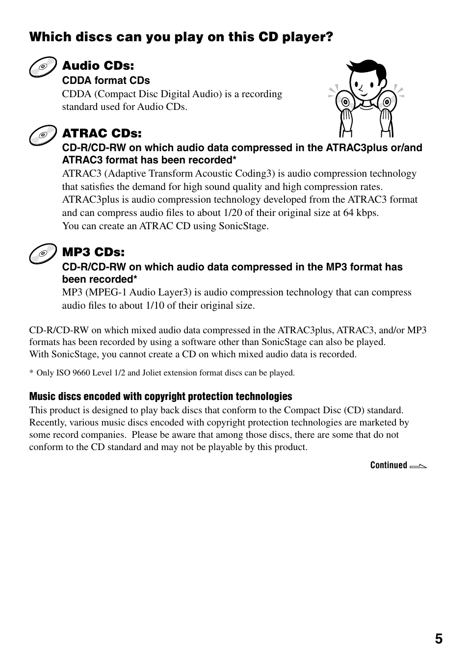 Which discs can you play on this cd player, Which discs can you play on this cd, Player | Sony D-NS505 User Manual | Page 5 / 28