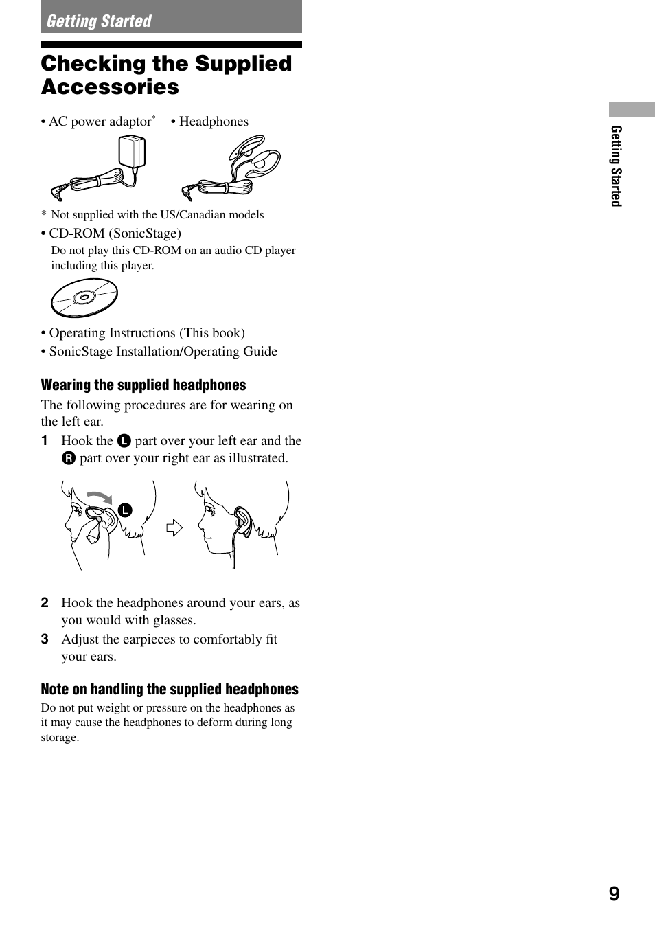 Getting started, Checking the supplied accessories | Sony D-NS505 User Manual | Page 9 / 28