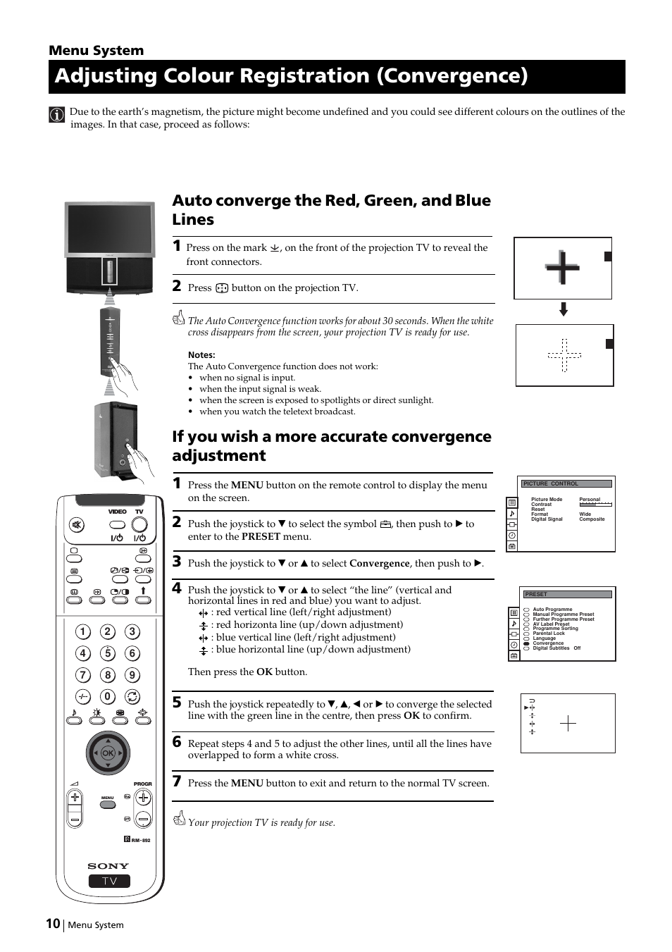 Adjusting colour registration (convergence), Auto converge the red, green, and blue lines 1, Menu system | Sony KP-51DS2U User Manual | Page 10 / 36