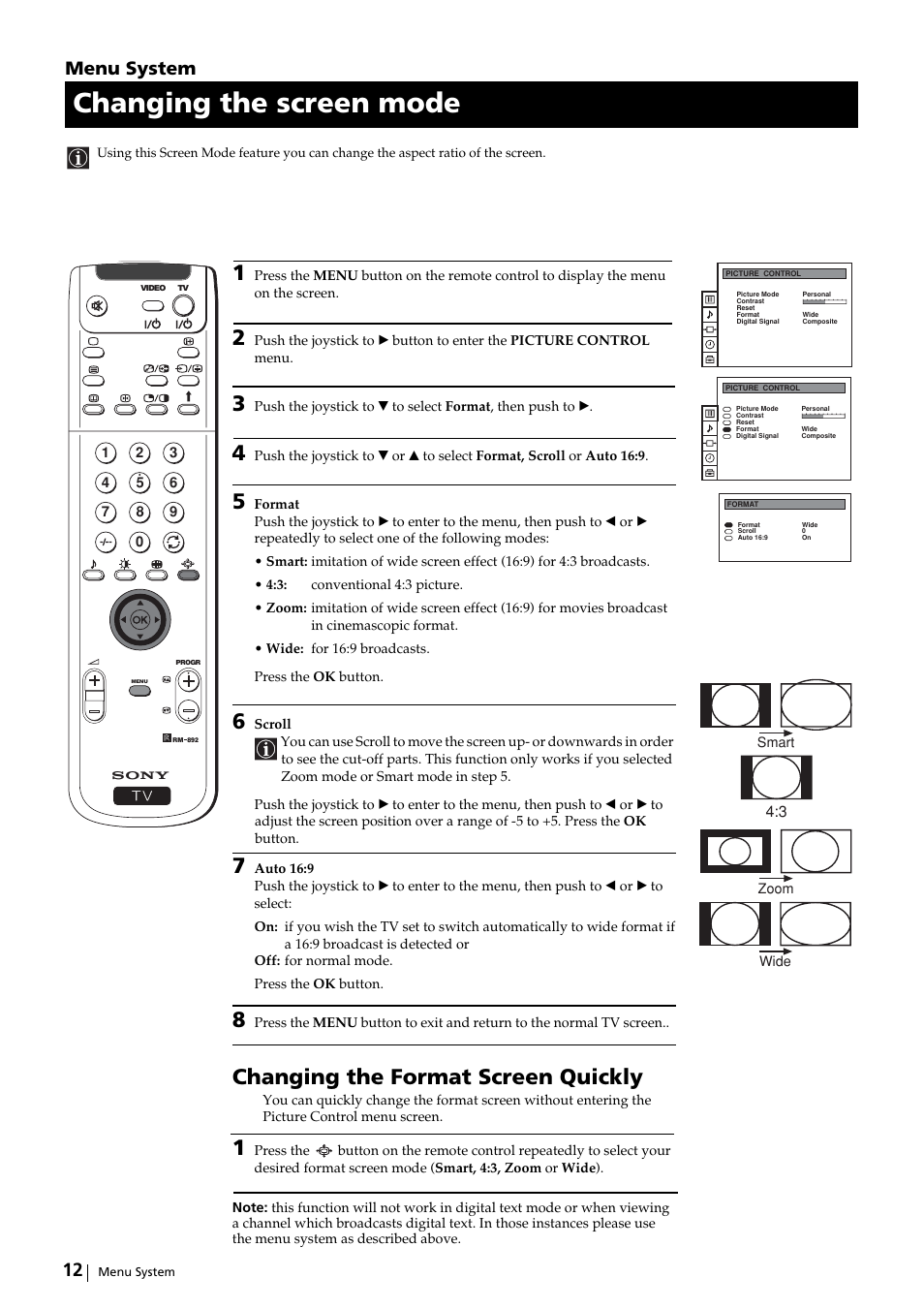Changing the screen mode, Changing the format screen quickly, Menu system | Sony KP-51DS2U User Manual | Page 12 / 36