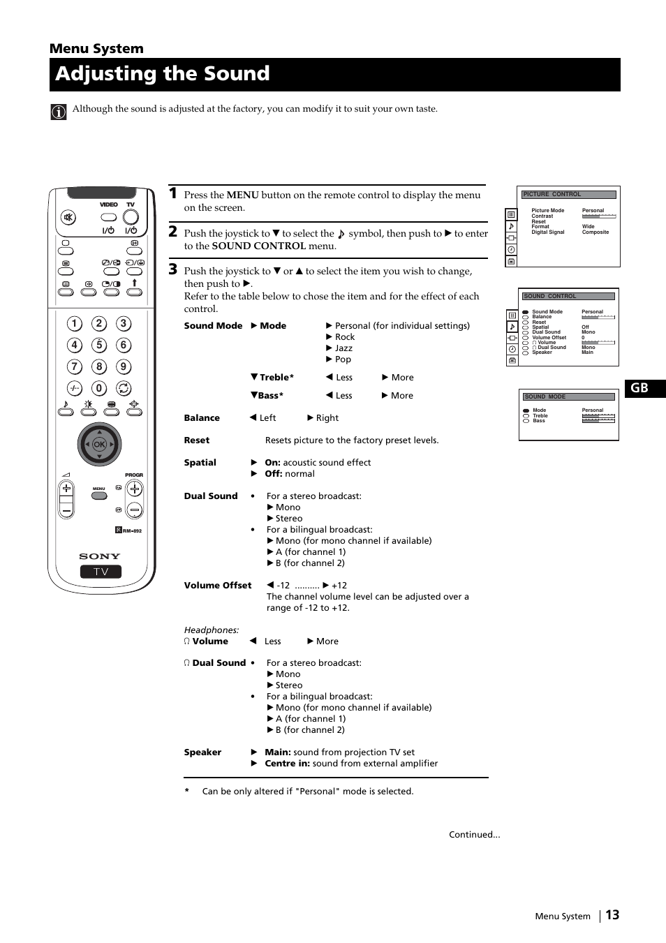 Adjusting the sound, 13 gb, Menu system | Sony KP-51DS2U User Manual | Page 13 / 36