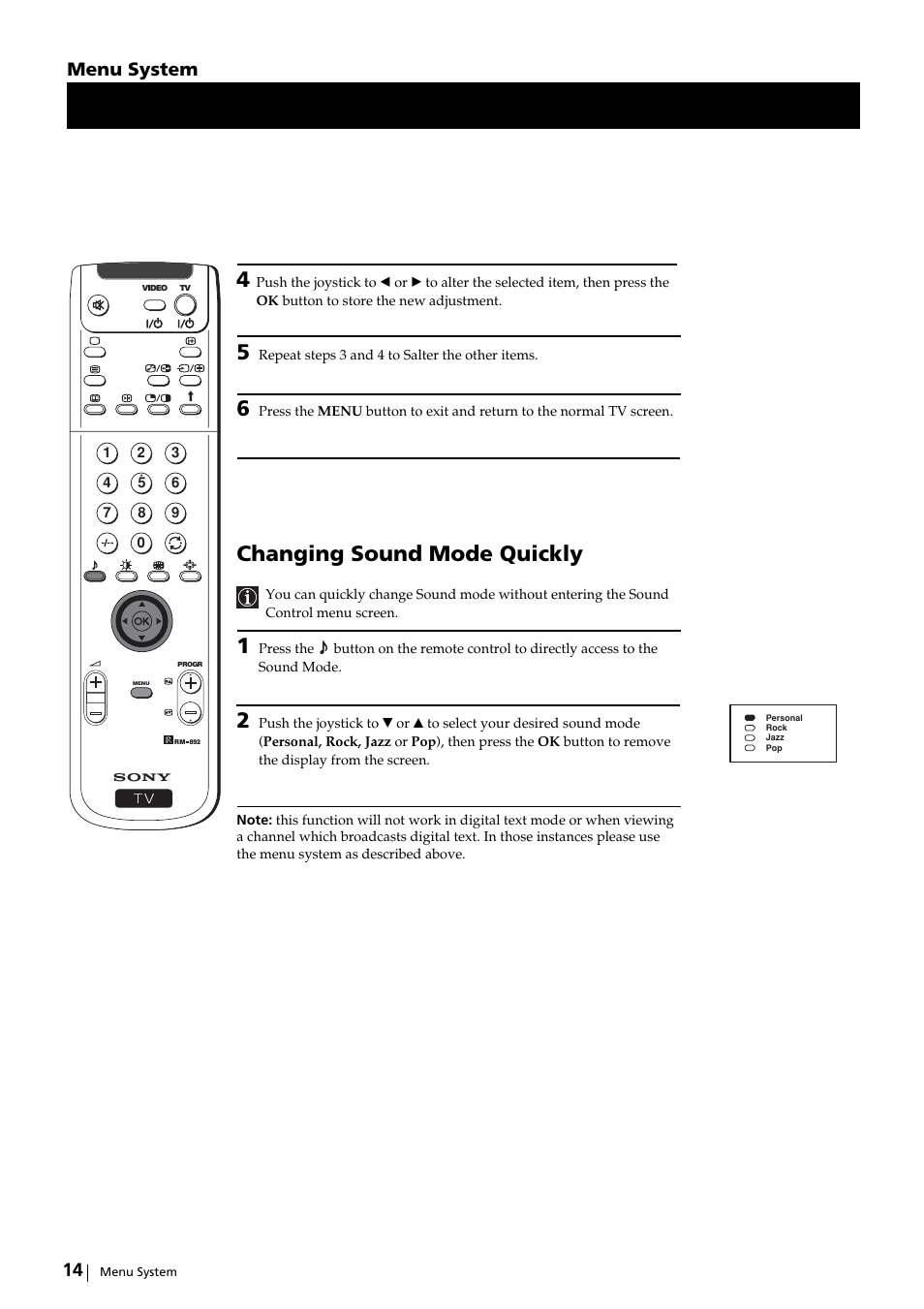 Changing sound mode quickly, Menu system | Sony KP-51DS2U User Manual | Page 14 / 36