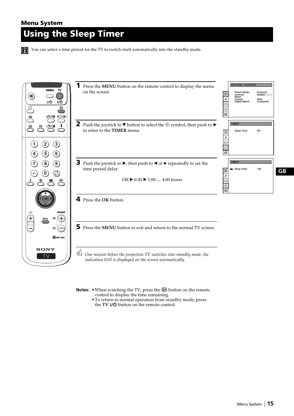 Using the sleep timer, 15 gb, Menu system | Sony KP-51DS2U User Manual | Page 15 / 36