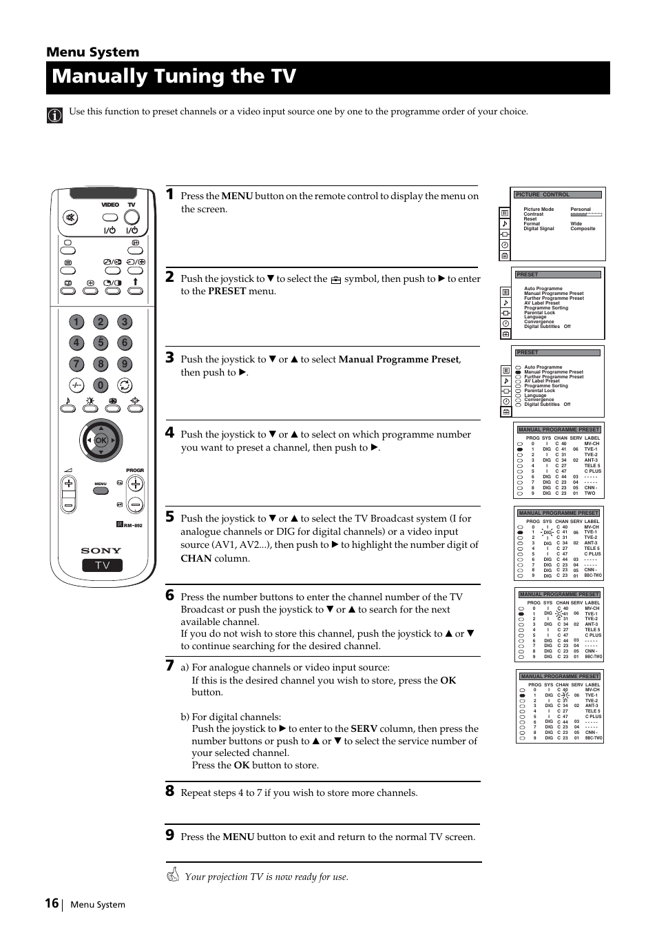 Manually tuning the tv, Menu system | Sony KP-51DS2U User Manual | Page 16 / 36