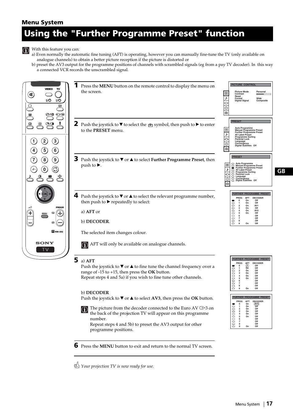 Using the "further programme preset" function, 17 gb, Menu system | Sony KP-51DS2U User Manual | Page 17 / 36