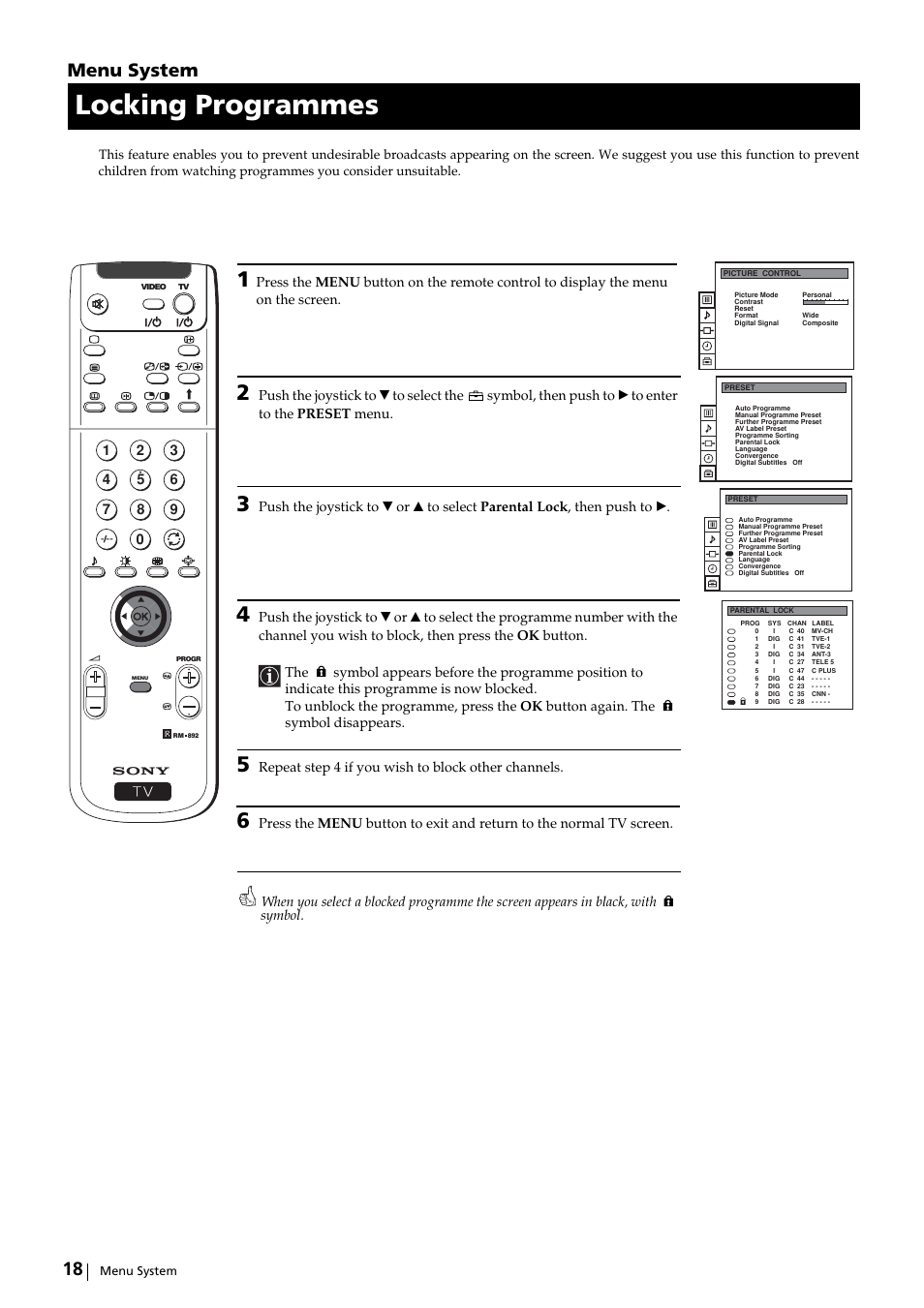 Locking programmes, Menu system | Sony KP-51DS2U User Manual | Page 18 / 36