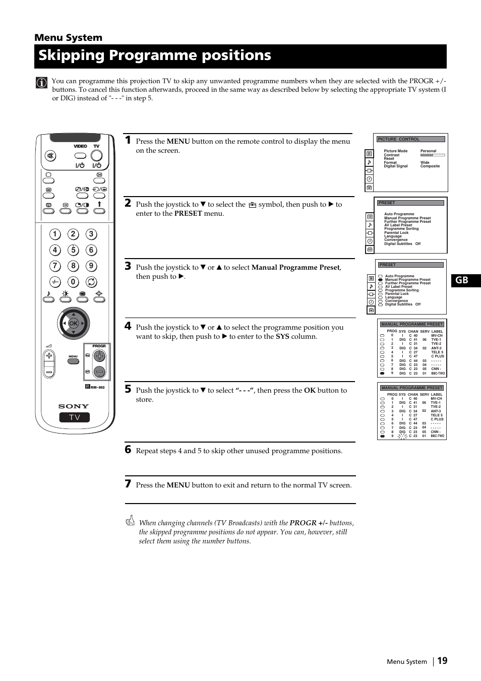 Skipping programme positions, 19 gb, Menu system | Sony KP-51DS2U User Manual | Page 19 / 36