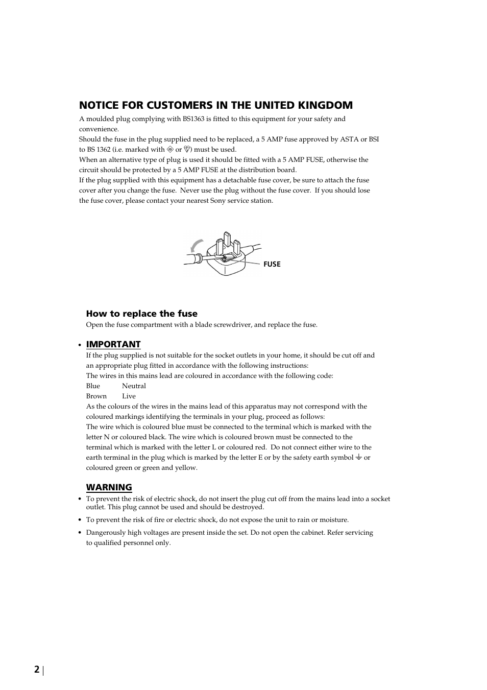 Notice for customers in the united kingdom | Sony KP-51DS2U User Manual | Page 2 / 36