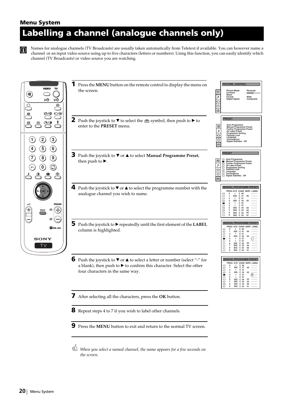 Labelling a channel (analogue channels only), Menu system | Sony KP-51DS2U User Manual | Page 20 / 36