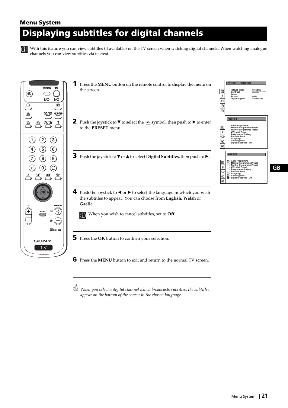 Displaying subtitles for digital channels, 21 gb, Menu system | Sony KP-51DS2U User Manual | Page 21 / 36