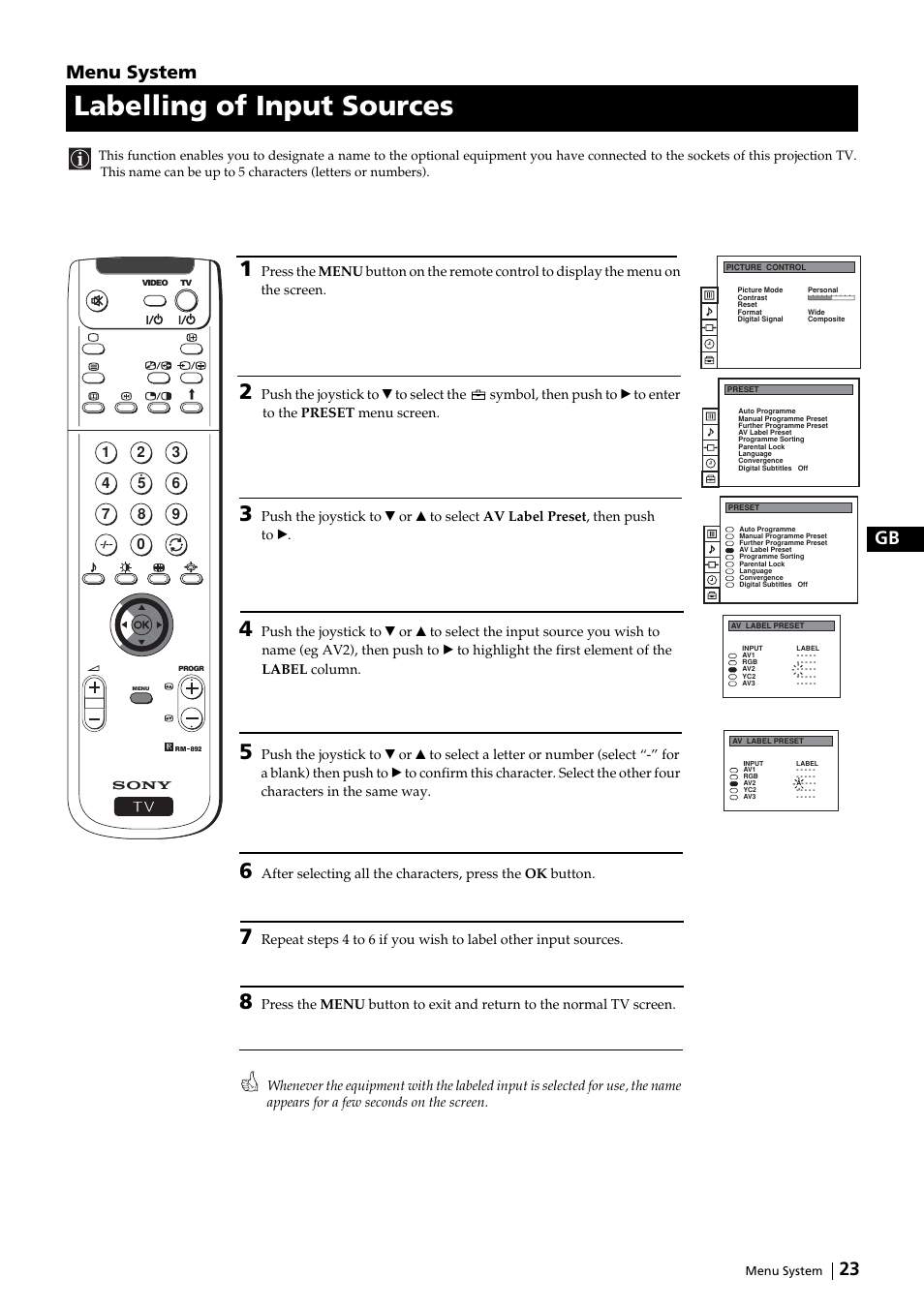 Labelling of input sources, 23 gb, Menu system | Sony KP-51DS2U User Manual | Page 23 / 36