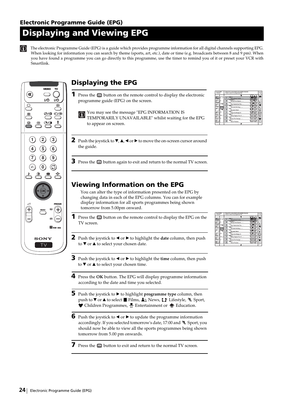 Displaying and viewing epg, Displaying the epg 1, Viewing information on the epg | Electronic programme guide (epg) | Sony KP-51DS2U User Manual | Page 24 / 36