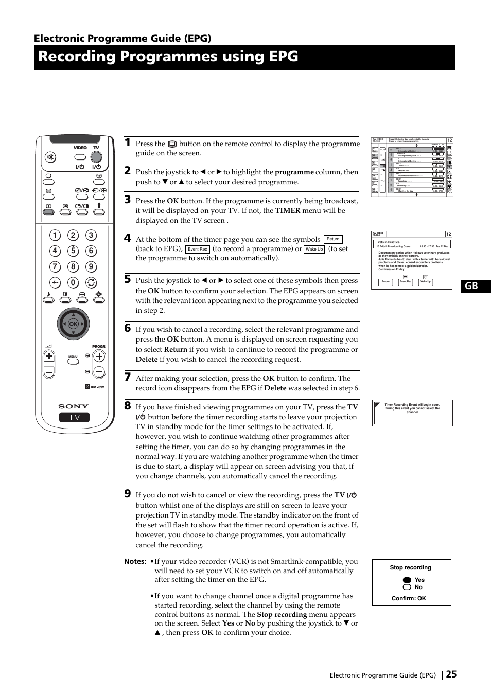 Recording programmes using epg, 25 gb, Electronic programme guide (epg) | Sony KP-51DS2U User Manual | Page 25 / 36
