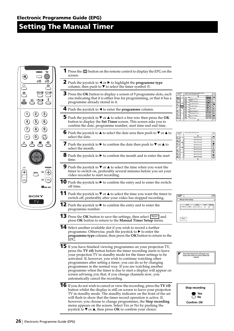 Setting the manual timer, Electronic programme guide (epg) | Sony KP-51DS2U User Manual | Page 26 / 36