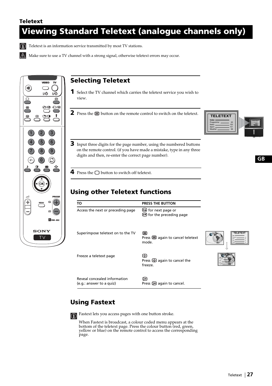 Viewing standard teletext (analogue channels only), Selecting teletext 1, Using other teletext functions | Using fastext, 27 gb, Press the button to switch off teletext, Teletext, For next page or, Press, E.g.: answer to a quiz) press | Sony KP-51DS2U User Manual | Page 27 / 36