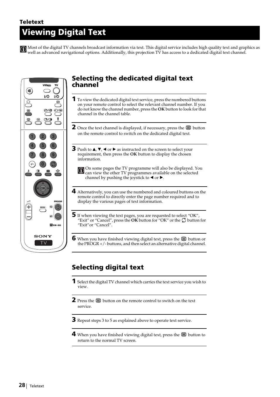 Viewing digital text, Selecting the dedicated digital text channel 1, Selecting digital text 1 | 28 teletext | Sony KP-51DS2U User Manual | Page 28 / 36