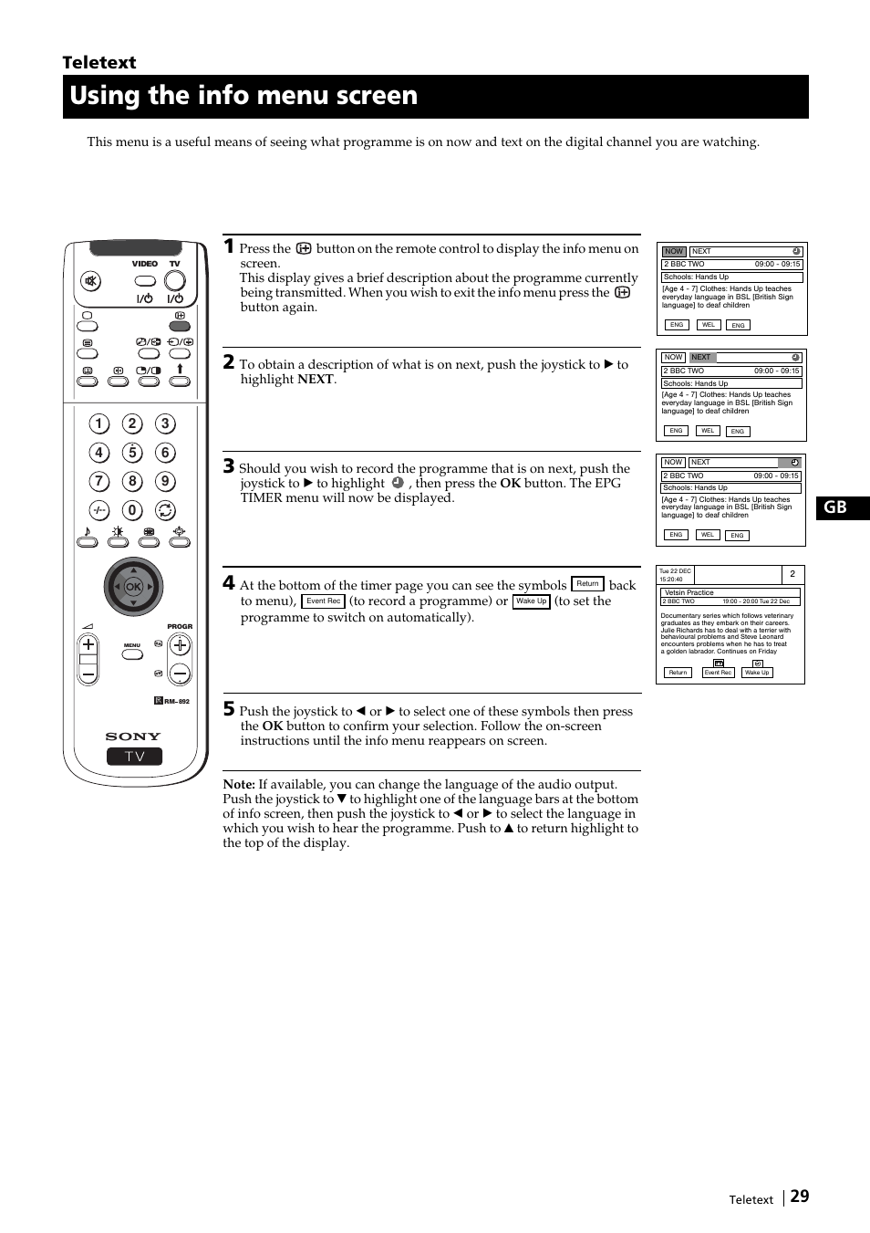 Using the info menu screen, 29 gb, Teletext | Sony KP-51DS2U User Manual | Page 29 / 36