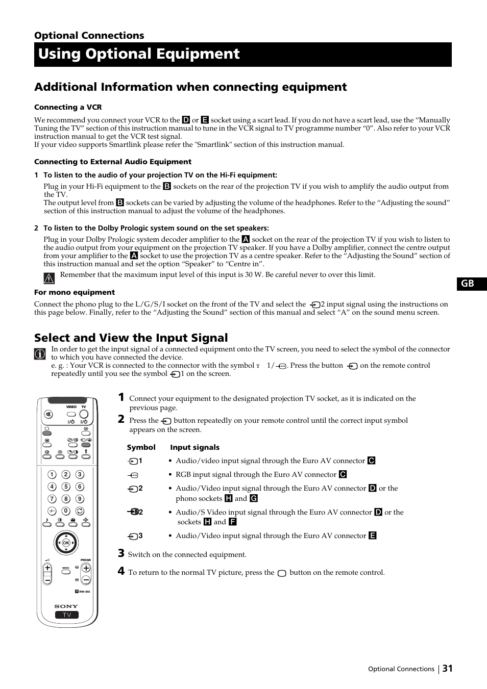 Using optional equipment, Additional information when connecting equipment, Select and view the input signal | 31 gb, Optional connections | Sony KP-51DS2U User Manual | Page 31 / 36