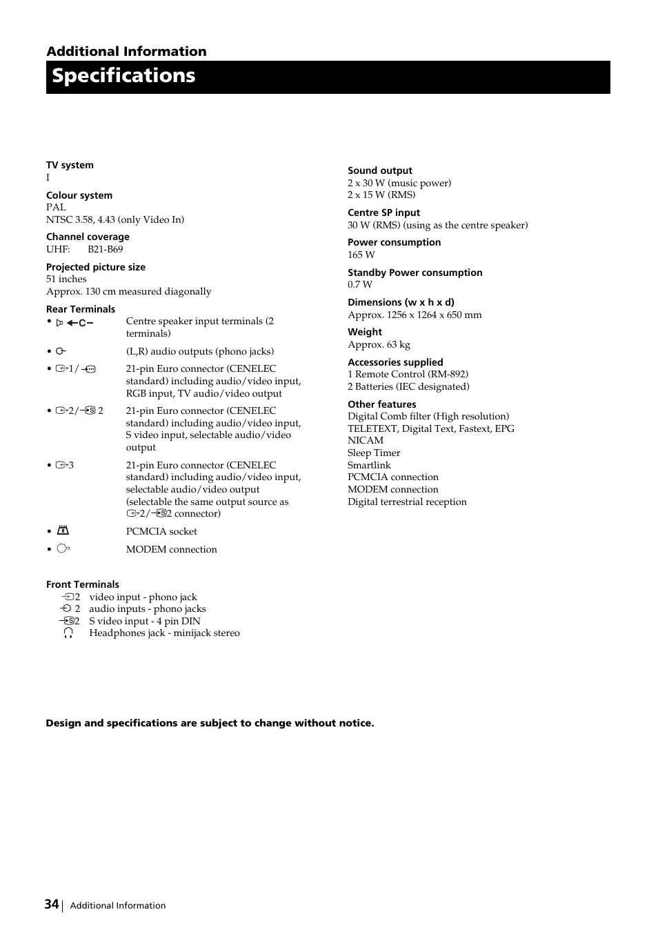 Specifications, Additional information | Sony KP-51DS2U User Manual | Page 34 / 36