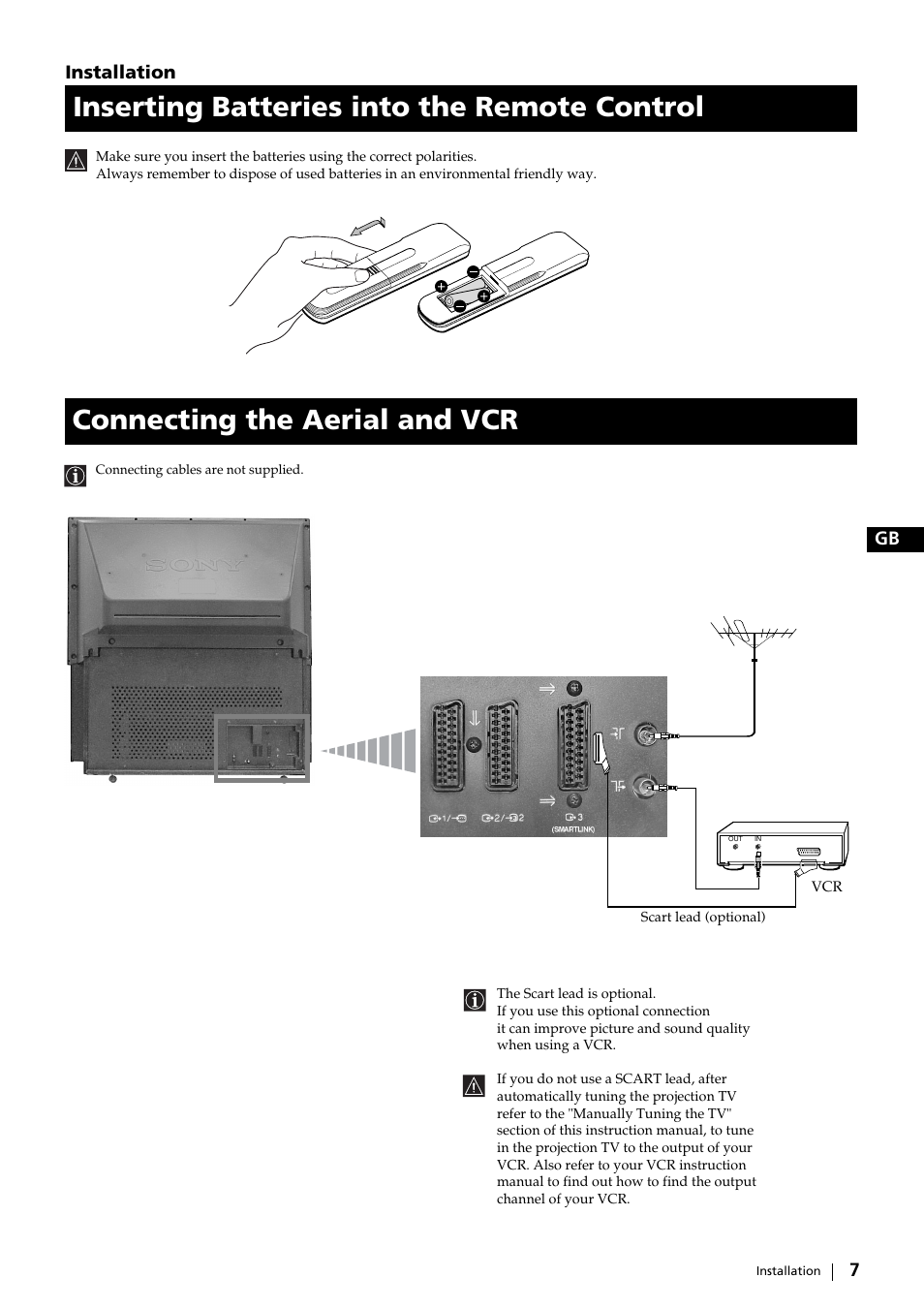 Inserting batteries into the remote control, Connecting the aerial and vcr | Sony KP-51DS2U User Manual | Page 7 / 36