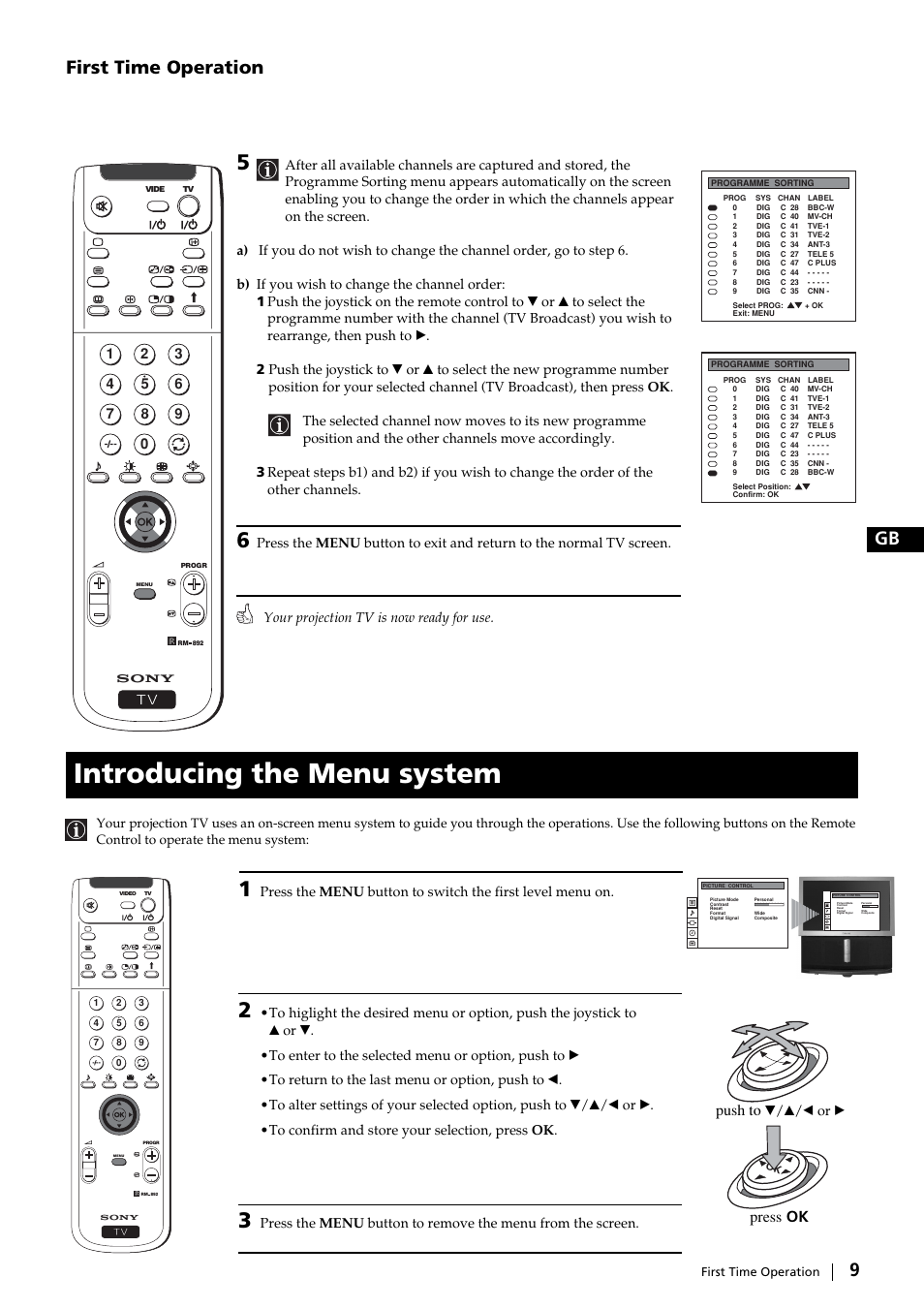 Introducing the menu system, 9gb first time operation, Push to | Press ok | Sony KP-51DS2U User Manual | Page 9 / 36