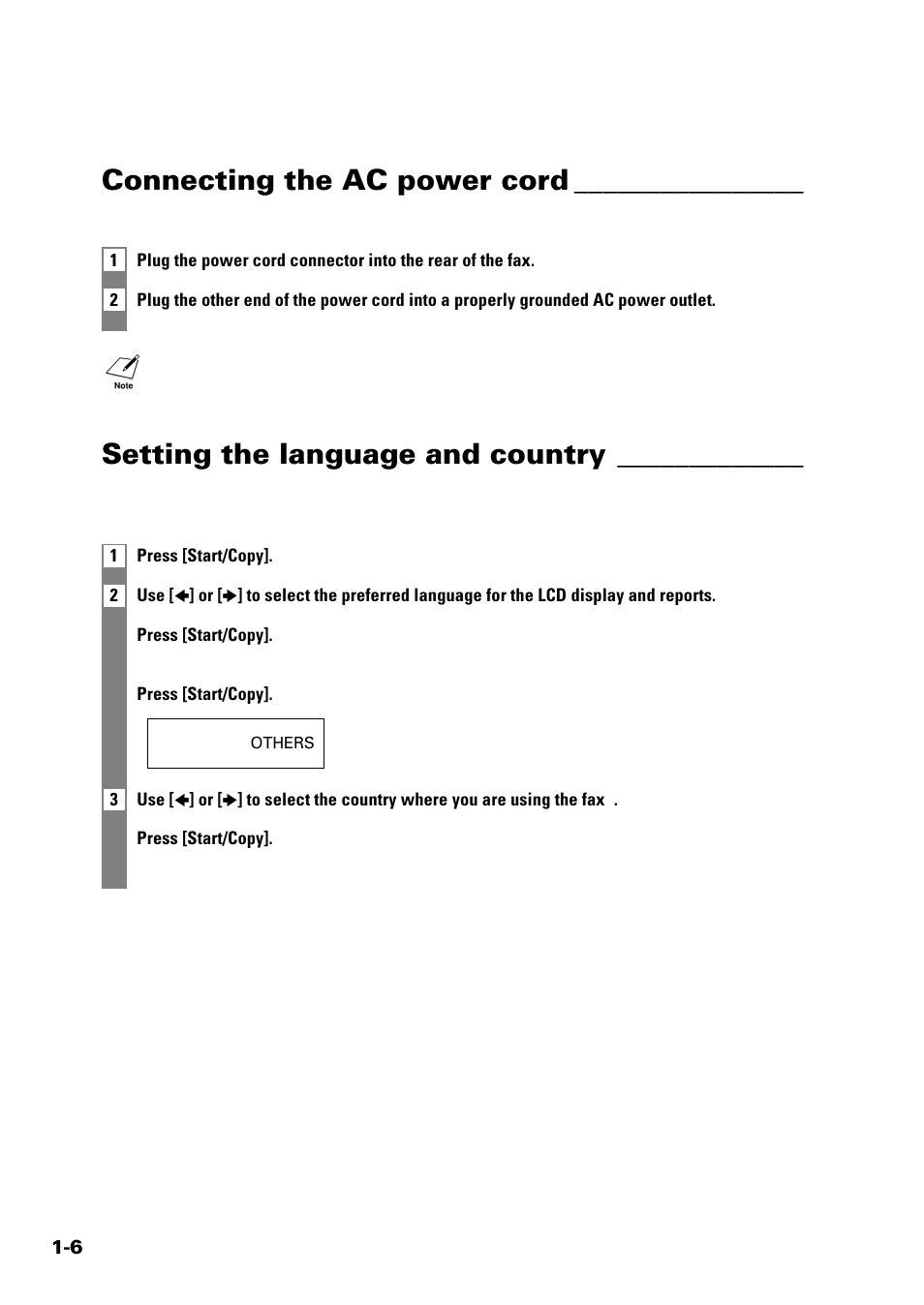 Connecting the ac power cord, Setting the language and country | Sony FAX-B140 User Manual | Page 14 / 119
