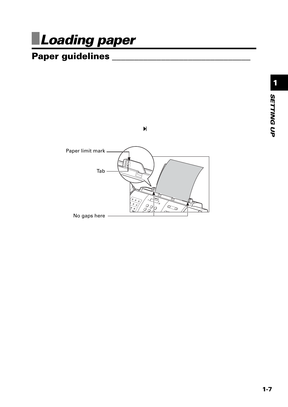 Loading paper, Paper guidelines | Sony FAX-B140 User Manual | Page 15 / 119