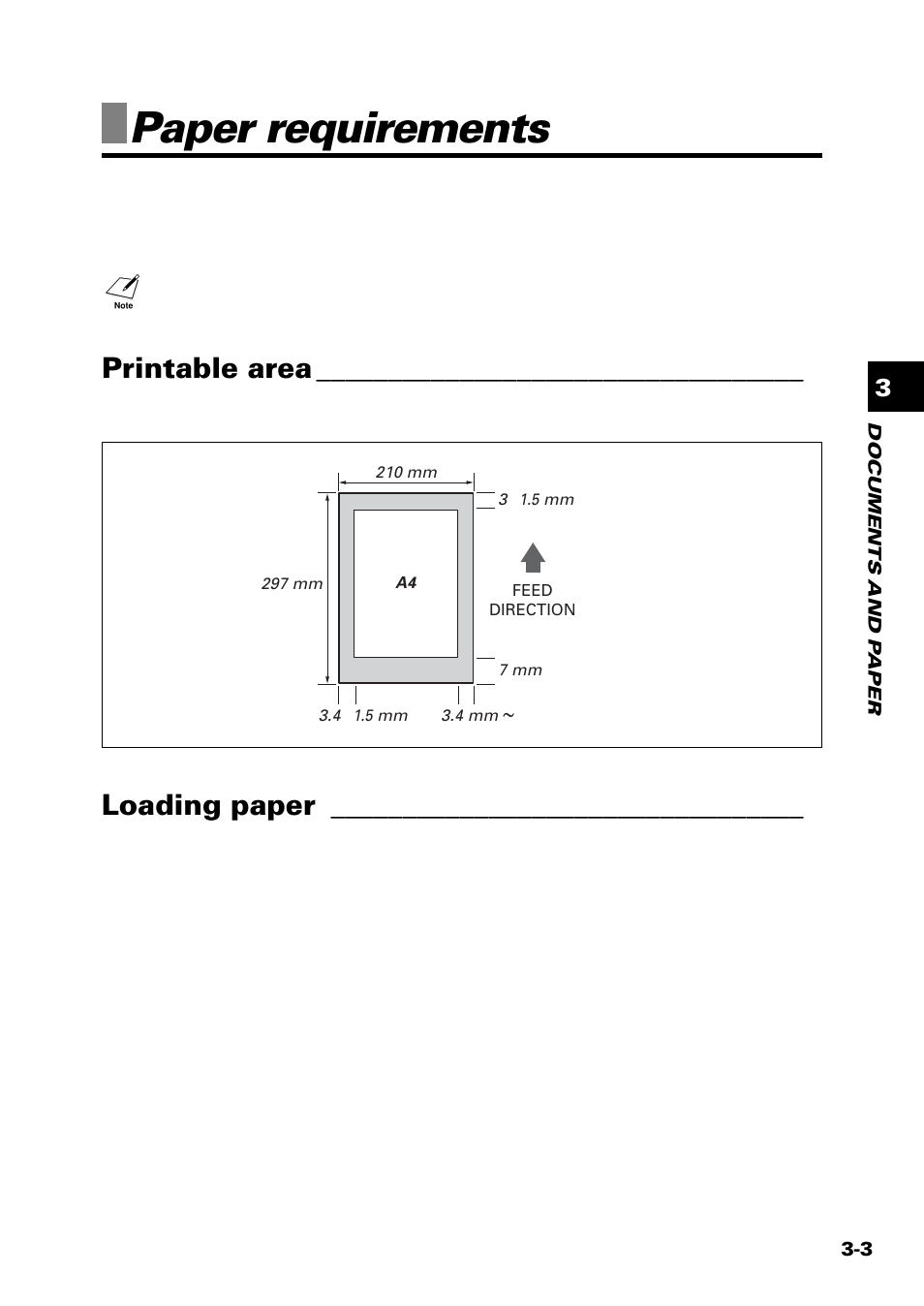 Paper requirements, Printable area, Loading paper | Sony FAX-B140 User Manual | Page 39 / 119