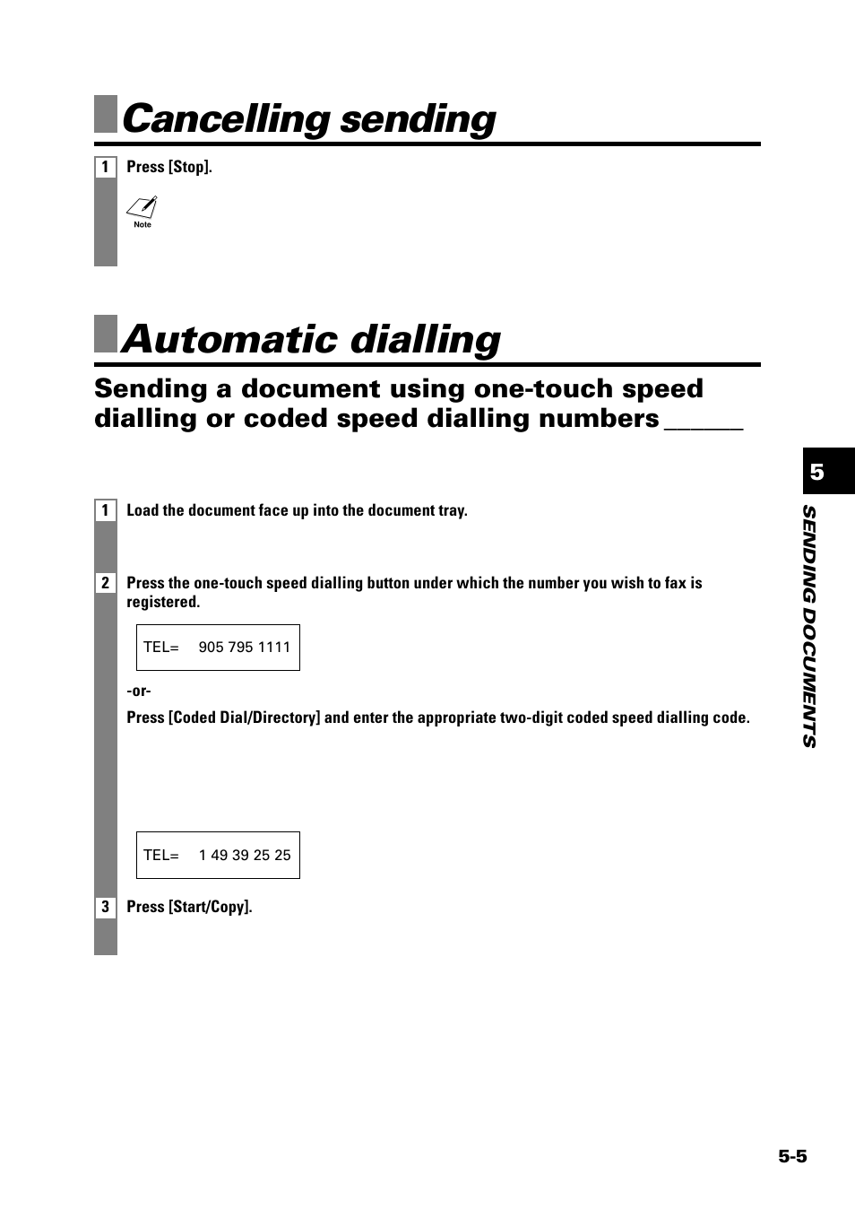 Cancelling sending, Automatic dialling | Sony FAX-B140 User Manual | Page 47 / 119