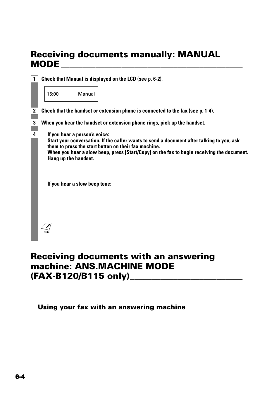 Receiving documents manually: manual mode | Sony FAX-B140 User Manual | Page 62 / 119