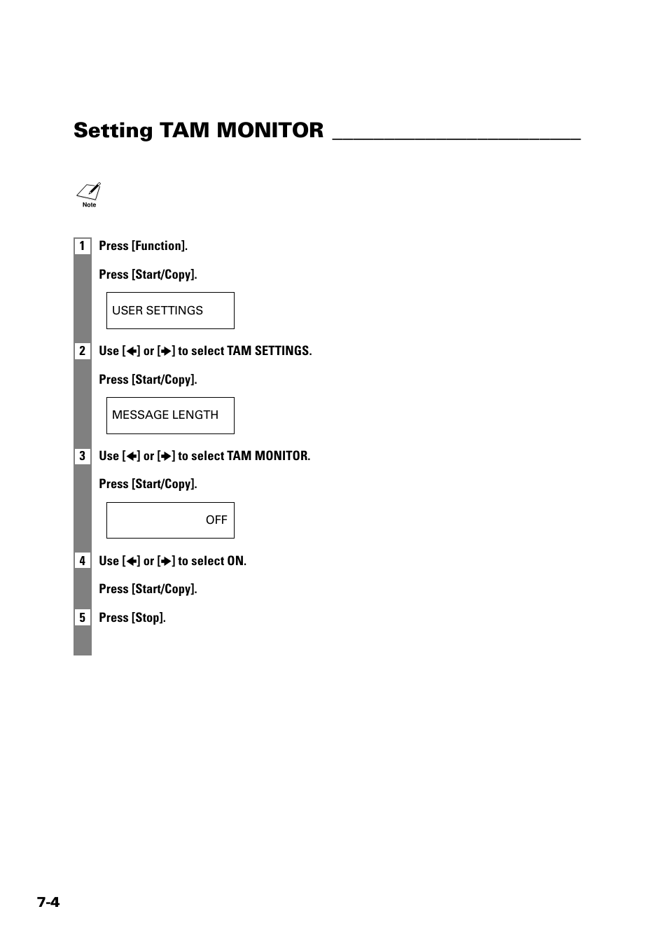 Setting tam monitor | Sony FAX-B140 User Manual | Page 70 / 119