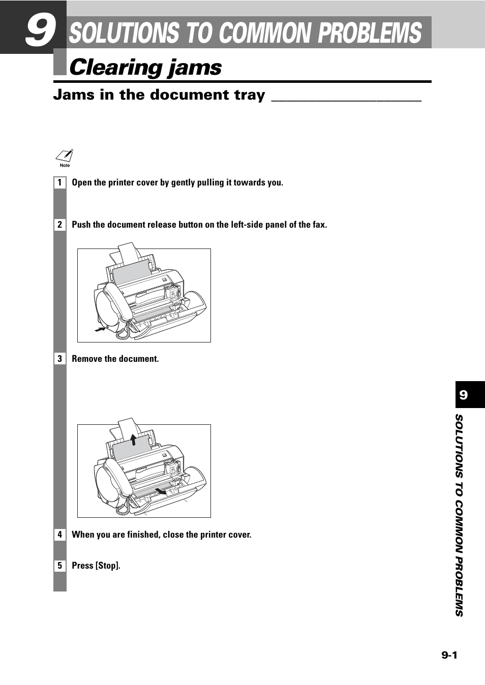 Solutions to common problems, Clearing jams, Jams in the document tray | Sony FAX-B140 User Manual | Page 91 / 119