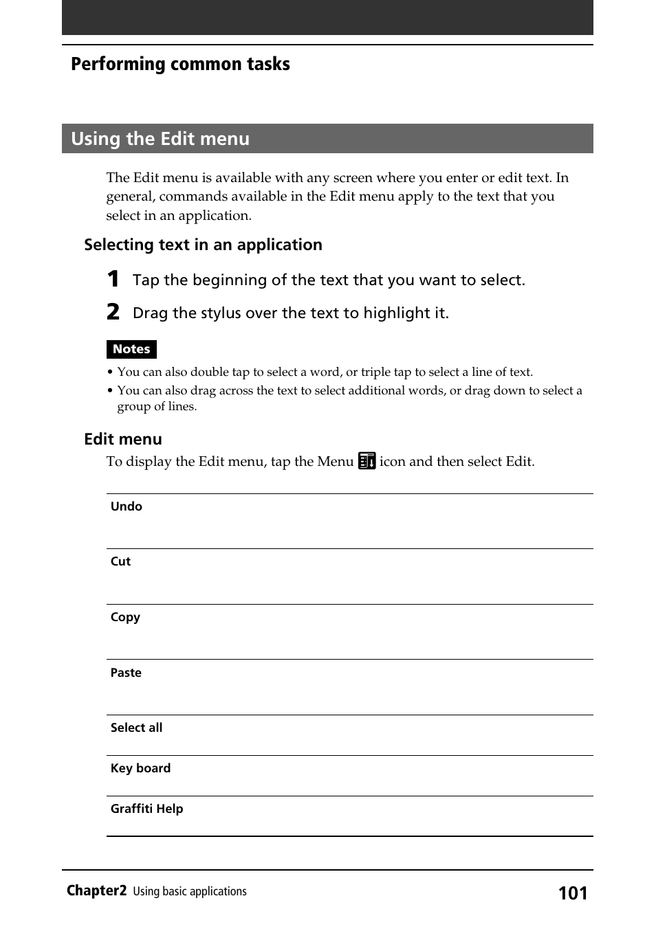 Using the edit menu, Performing common tasks | Sony PEG-S360 User Manual | Page 101 / 220