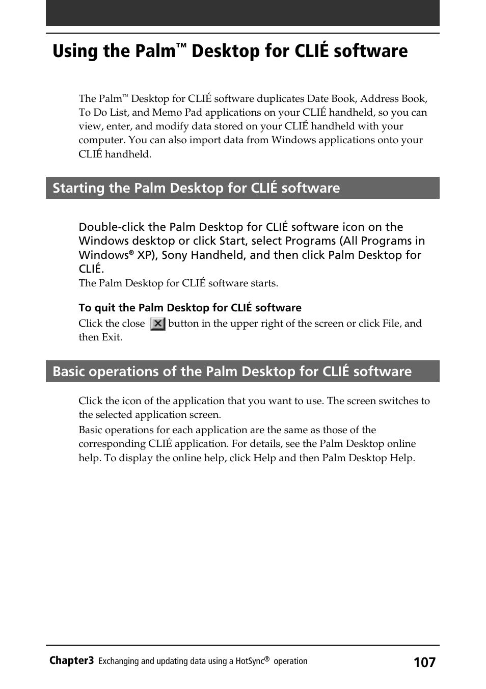 Using the palm™ desktop for clié software, Starting the palm desktop for clié software, Using the palm | Desktop for clié software | Sony PEG-S360 User Manual | Page 107 / 220