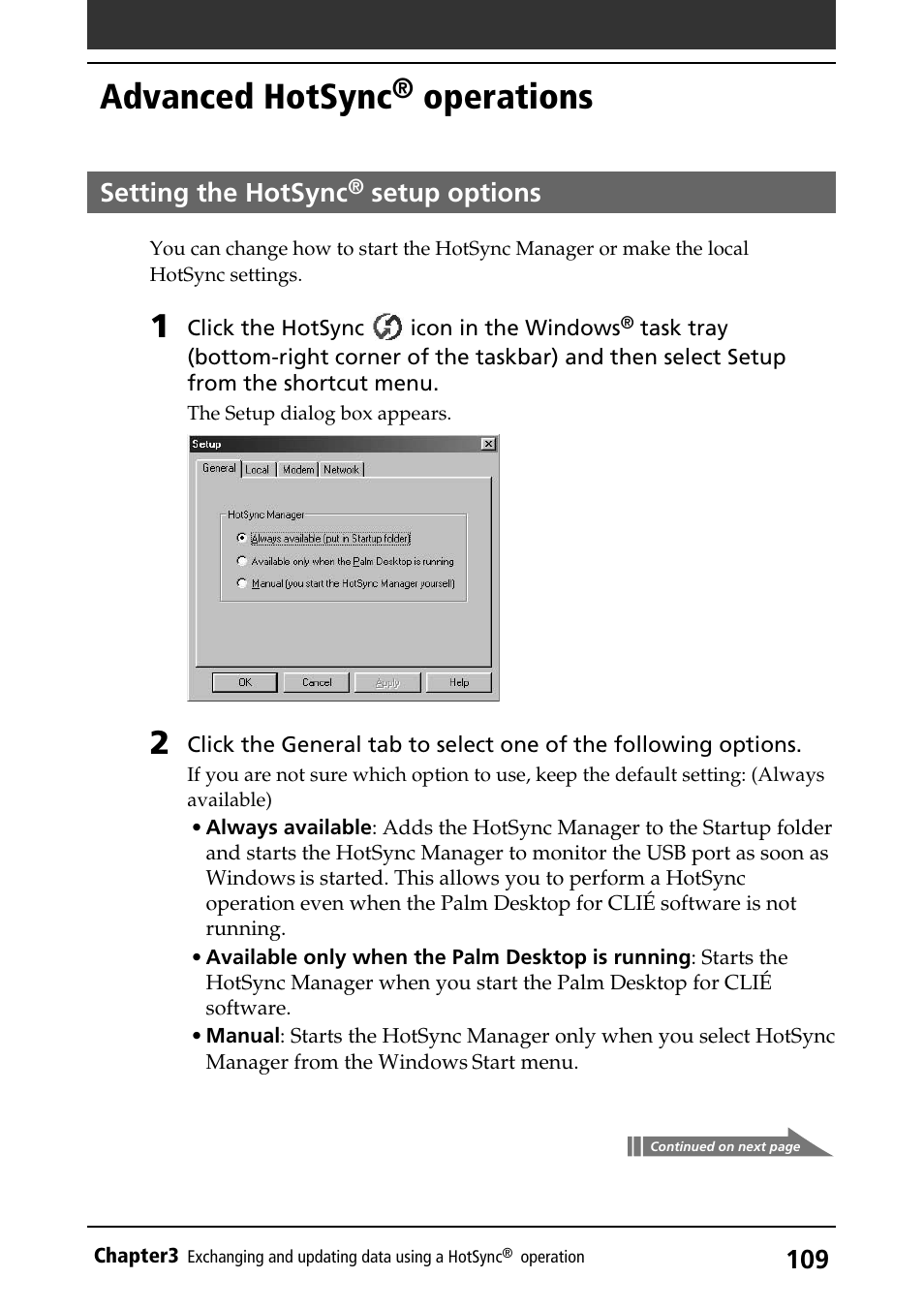 Advanced hotsync® operations, Setting the hotsync® setup options, Advanced hotsync | Operations, Setting the hotsync, Setup options | Sony PEG-S360 User Manual | Page 109 / 220