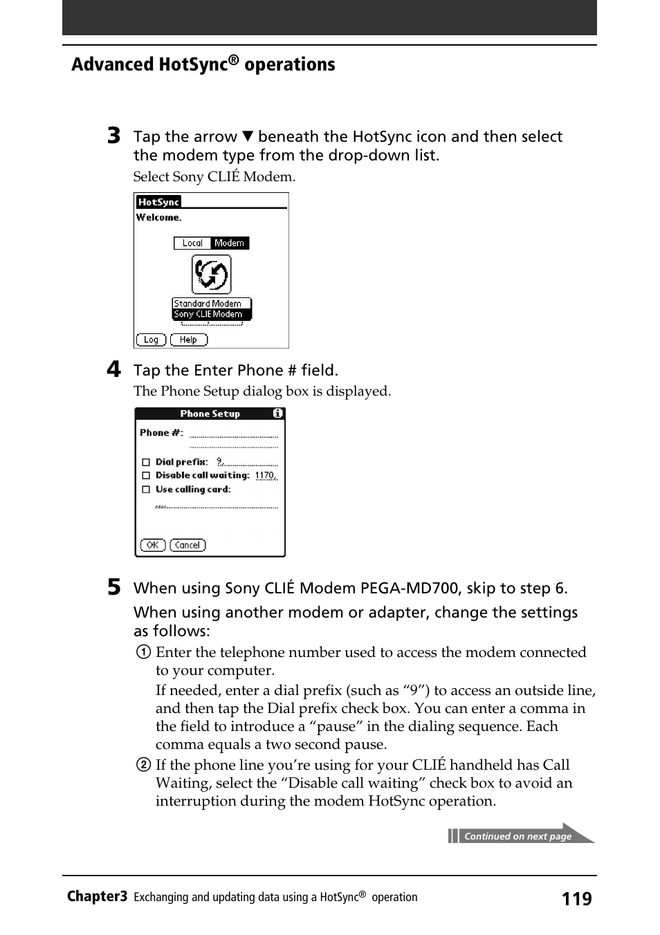 Advanced hotsync, Operations | Sony PEG-S360 User Manual | Page 119 / 220