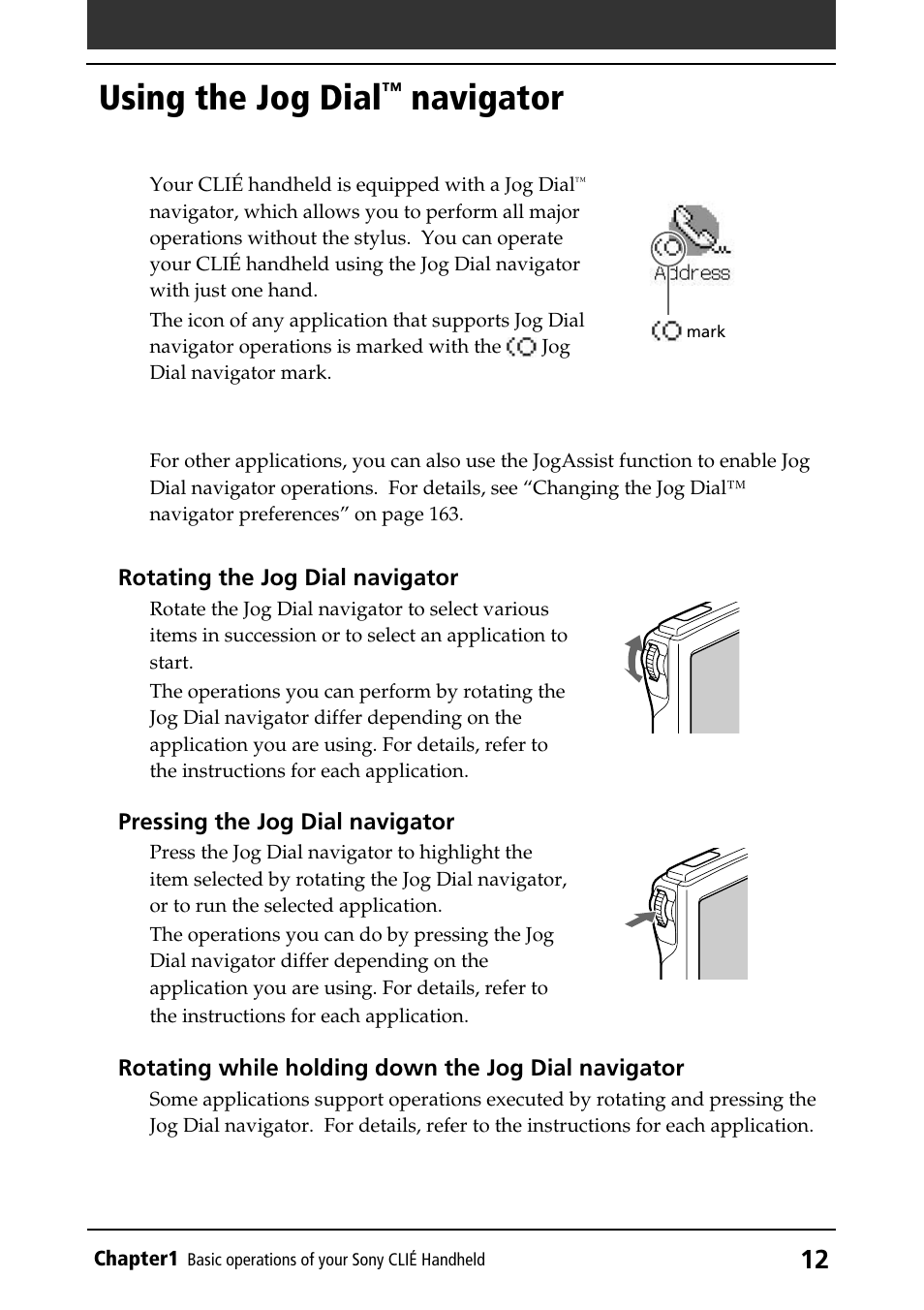 Using the jog dial™ navigator, Using the jog dial, Navigator | Sony PEG-S360 User Manual | Page 12 / 220