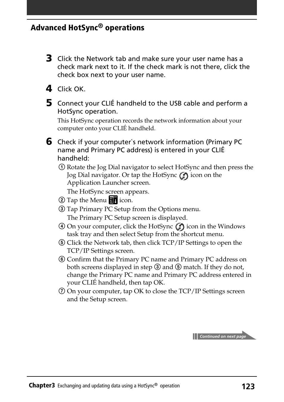 Advanced hotsync, Operations | Sony PEG-S360 User Manual | Page 123 / 220