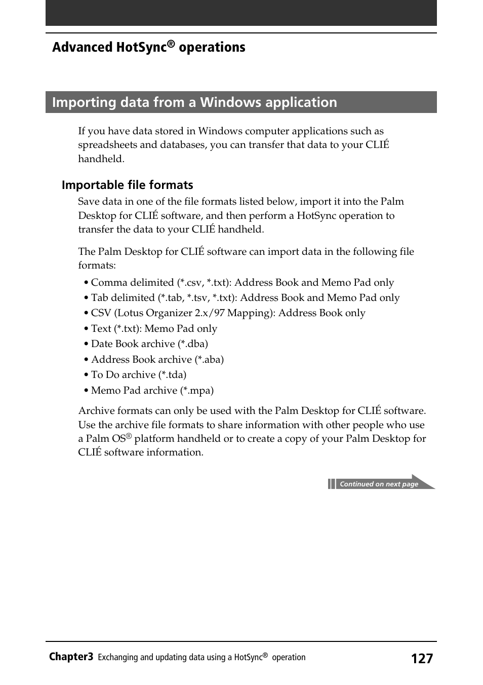 Importing data from a windows application, Advanced hotsync, Operations | Sony PEG-S360 User Manual | Page 127 / 220