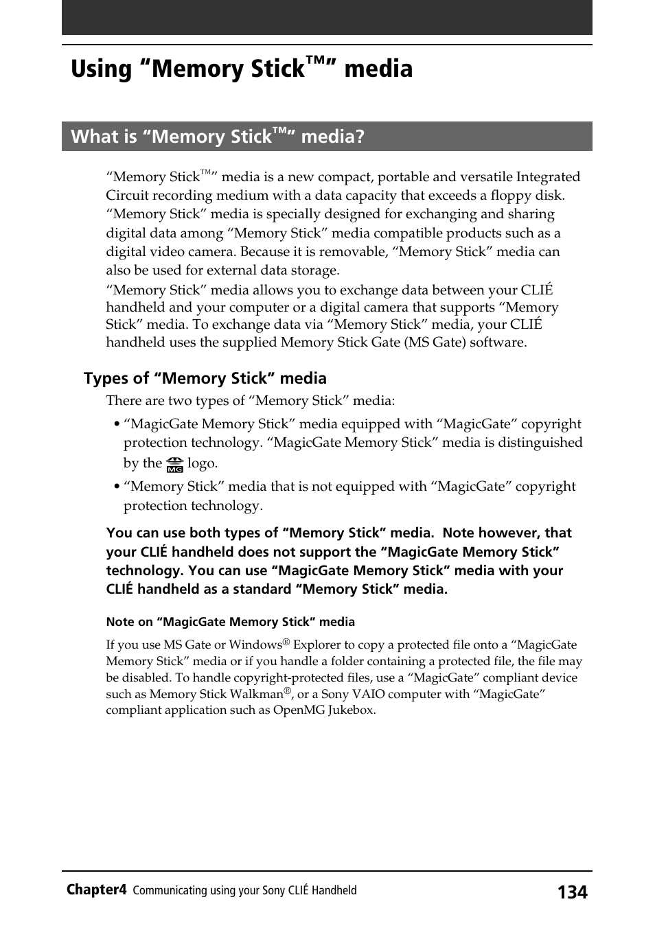 Using “memory stick™” media, What is “memory stick™” media, Using “memory stick | Media, What is “memory stick, Media? . 134 | Sony PEG-S360 User Manual | Page 134 / 220