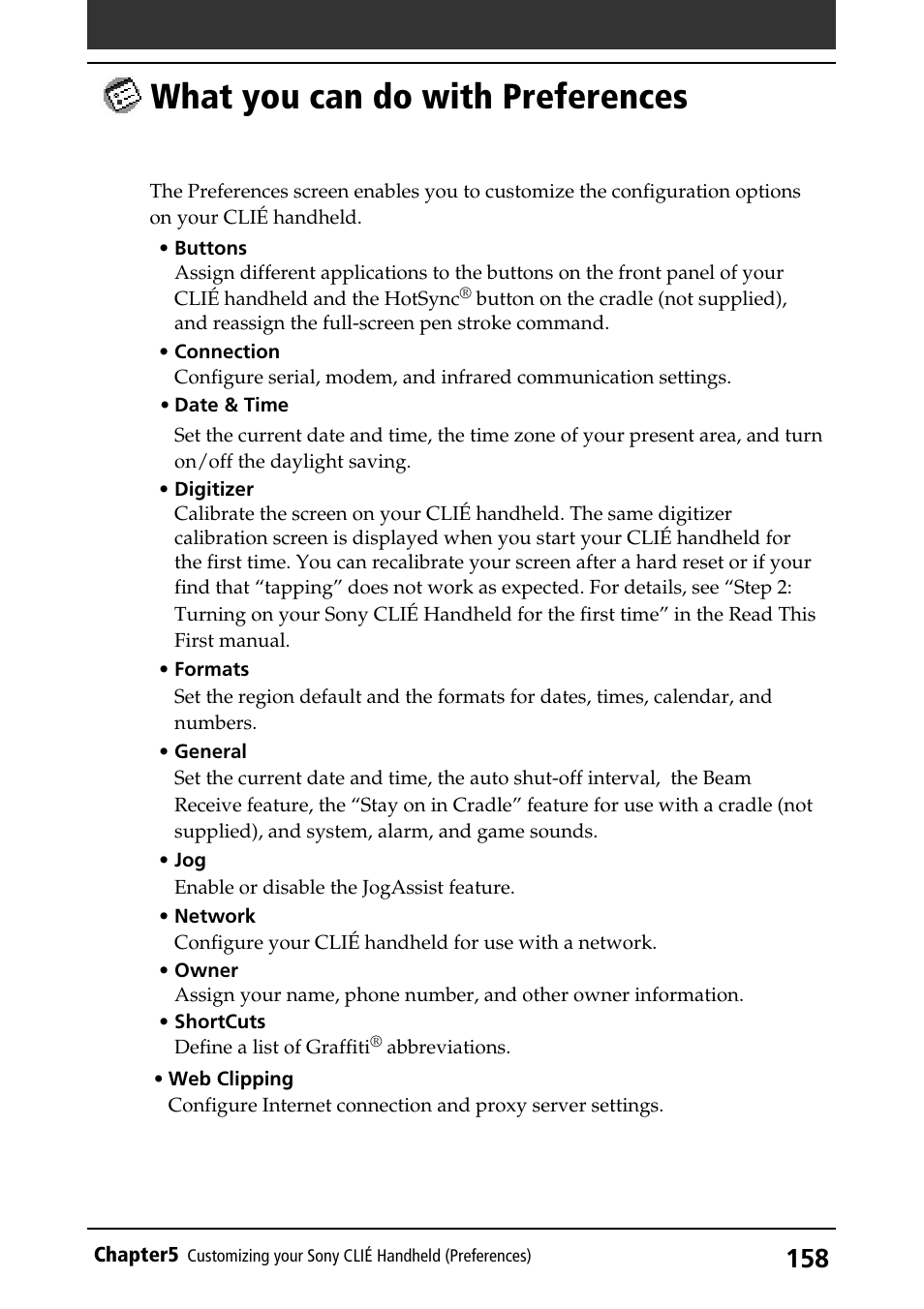 What you can do with preferences, What you can do with, Preferences | Sony PEG-S360 User Manual | Page 158 / 220