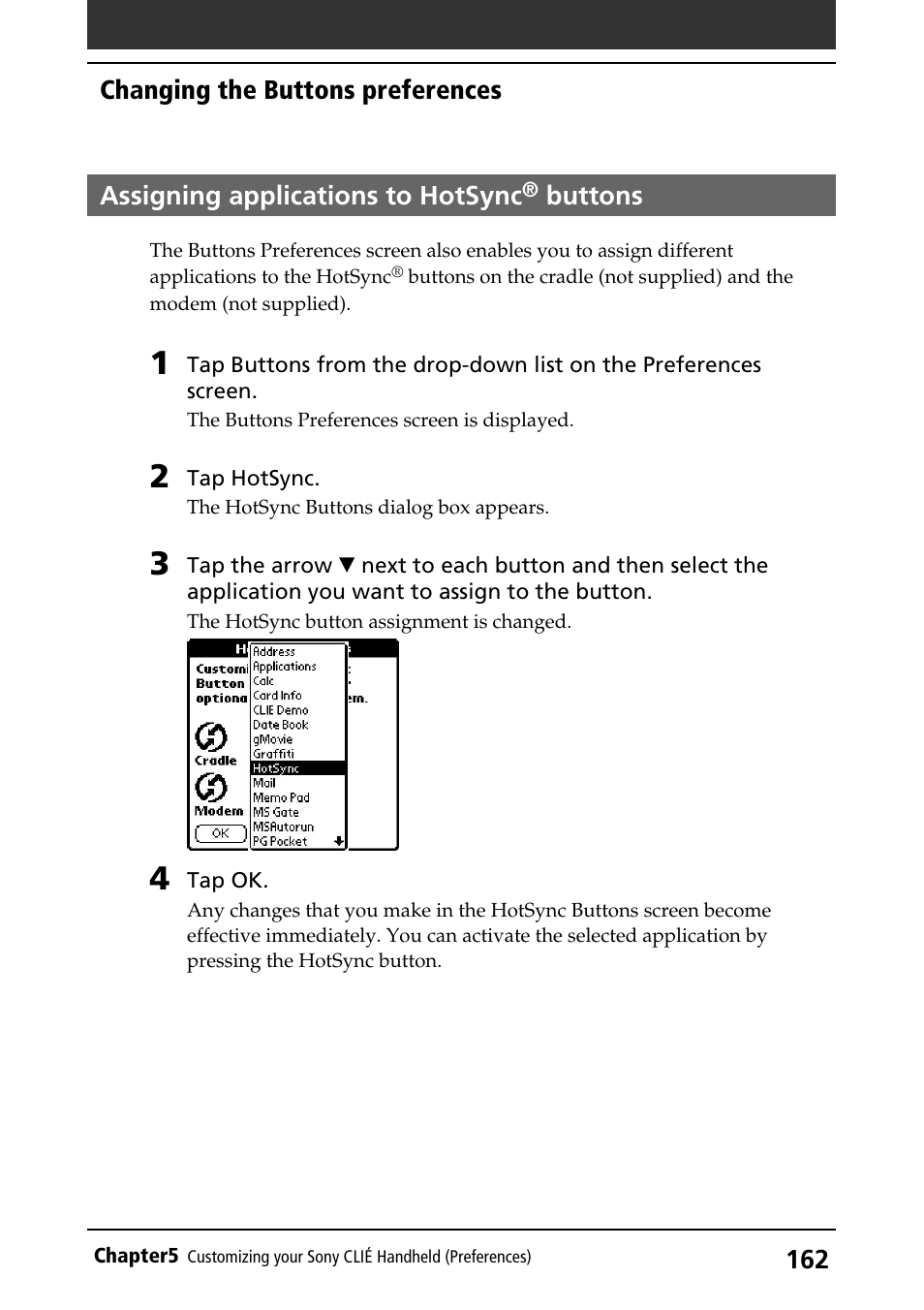 Assigning applications to hotsync® buttons, Assigning applications to hotsync, Buttons | Sony PEG-S360 User Manual | Page 162 / 220