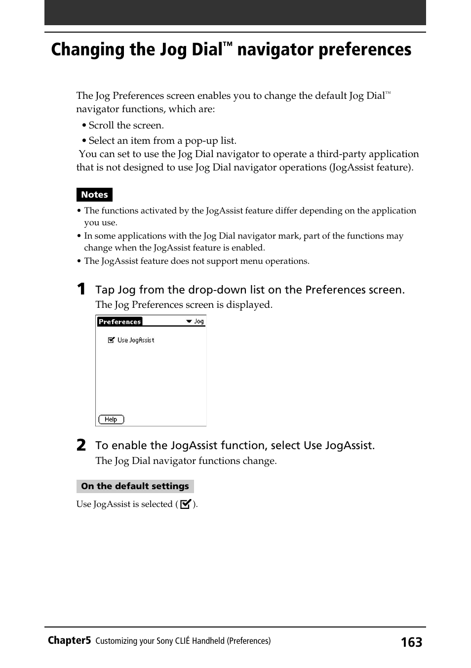 Changing the jog dial™ navigator preferences, Changing the jog dial, Navigator | Preferences, Navigator preferences | Sony PEG-S360 User Manual | Page 163 / 220