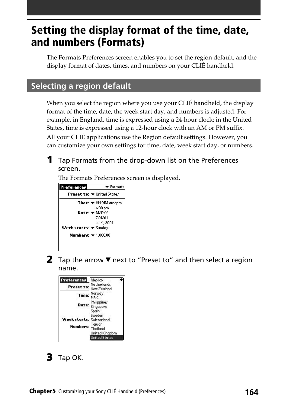 Selecting a region default | Sony PEG-S360 User Manual | Page 164 / 220